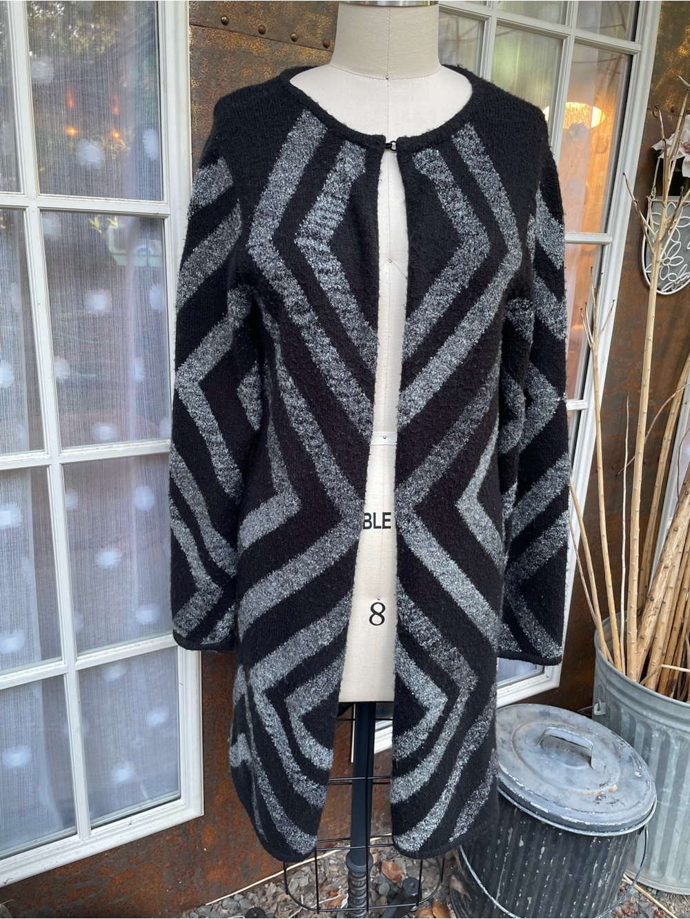 Chico's Black and Gray Geometric Open-Front Long Cardigan